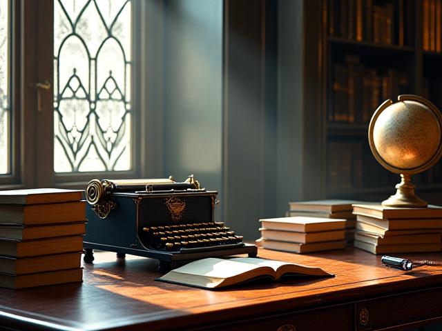 Un estudio Art Déco con estanterías de libros antiguos y un escritorio elegante, que evoca un ambiente de biblioteca vintage y sofisticación.